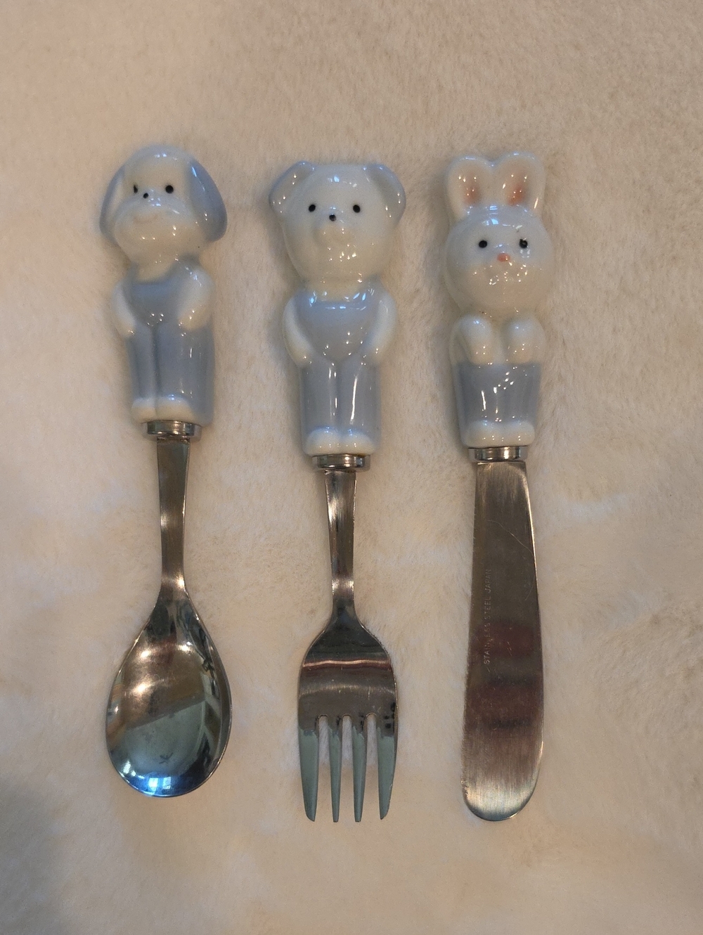 Vintage 1980s Japanese Porcelain Animal Child Flatware Set - Bunny, Bear, Dog